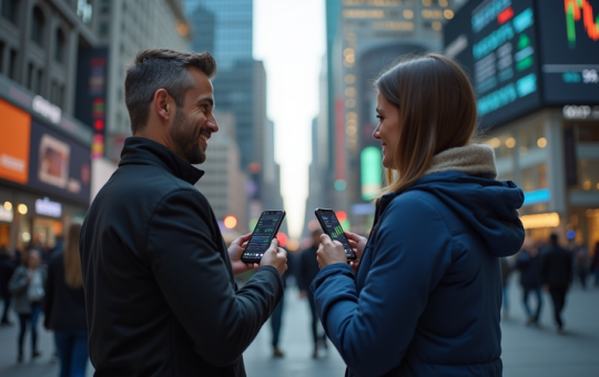 Two Happy People Holding SmartPhones