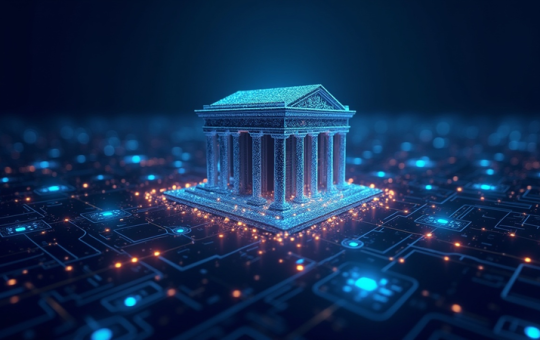 /invezz2 create an image showing modern bank building connected by glowing digital lines to a stylized blockchain network. Include Chainlink and Swift logos
