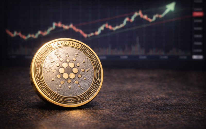 A Cardano (ADA) cryptocurrency token placed on a table with a blurred upward-trending market chart in the background.