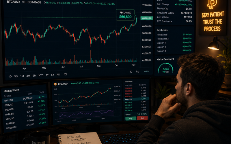 A trader analyzing Bitcoin as it approaches $67k.