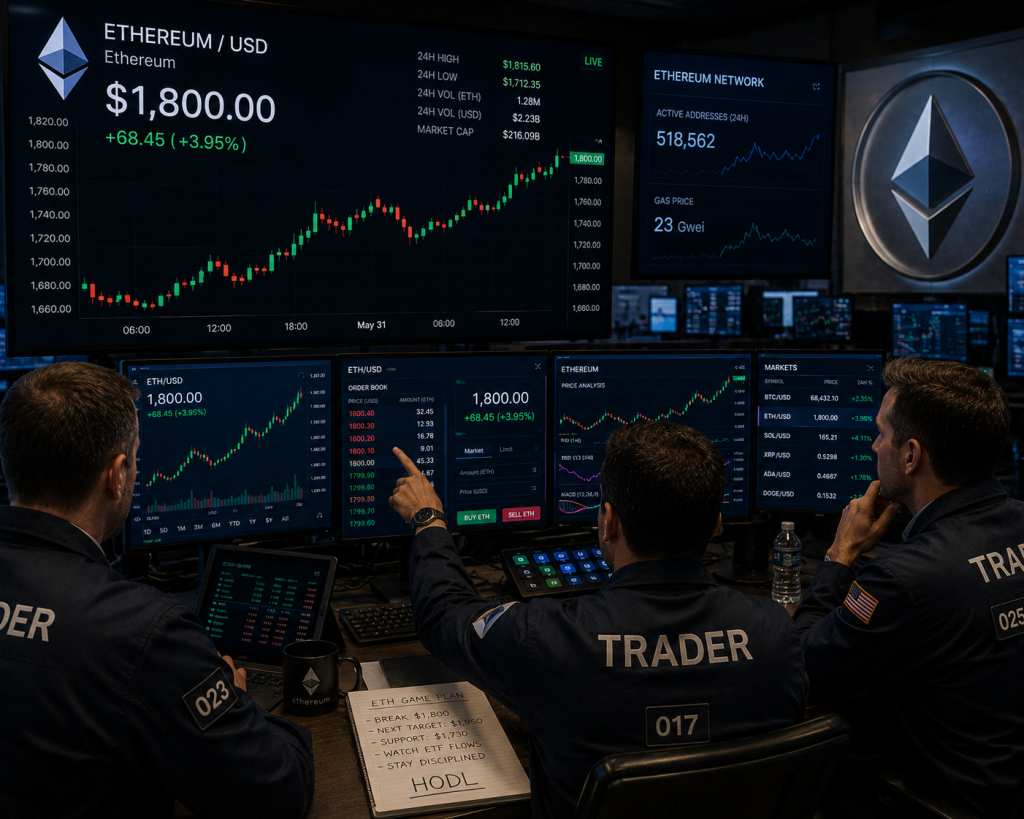 Traders analyzing a bullish ETH/USD chart